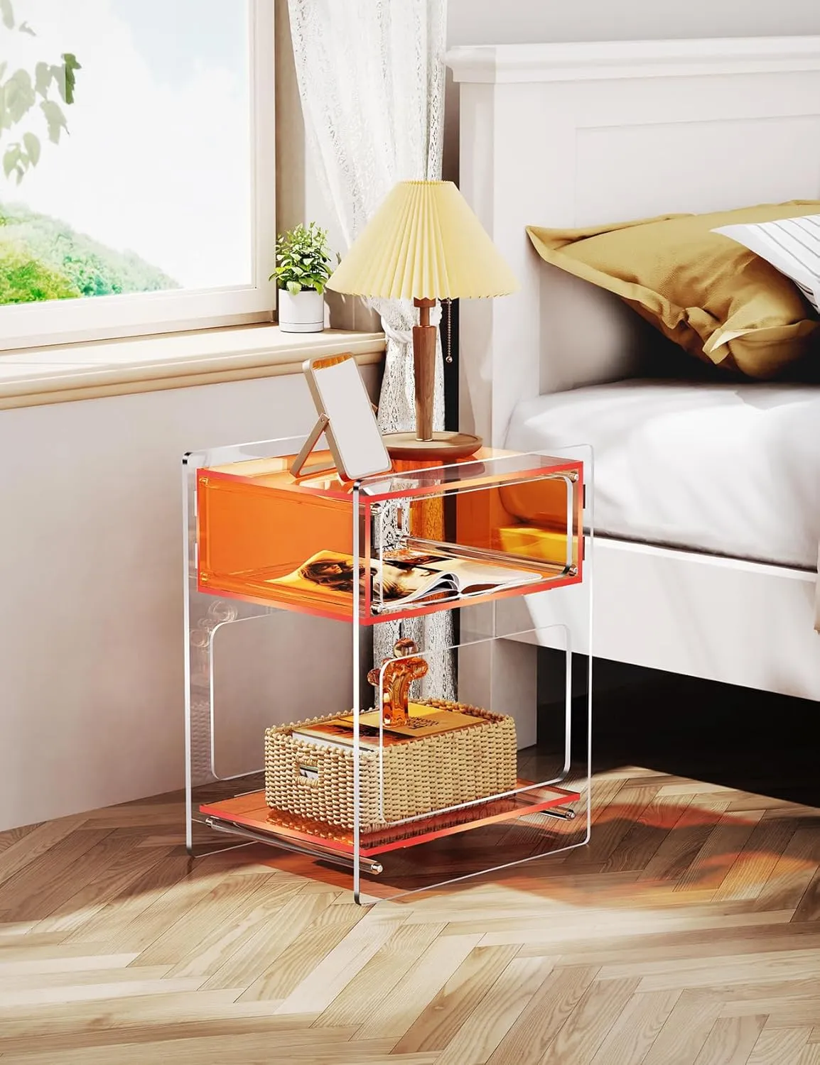Acrylic Side Table for Living Room, Acrylic Nightstand for Bedroom, L-Series, 15.7'' x 11.8'' × 19.7'' inches (Orange)