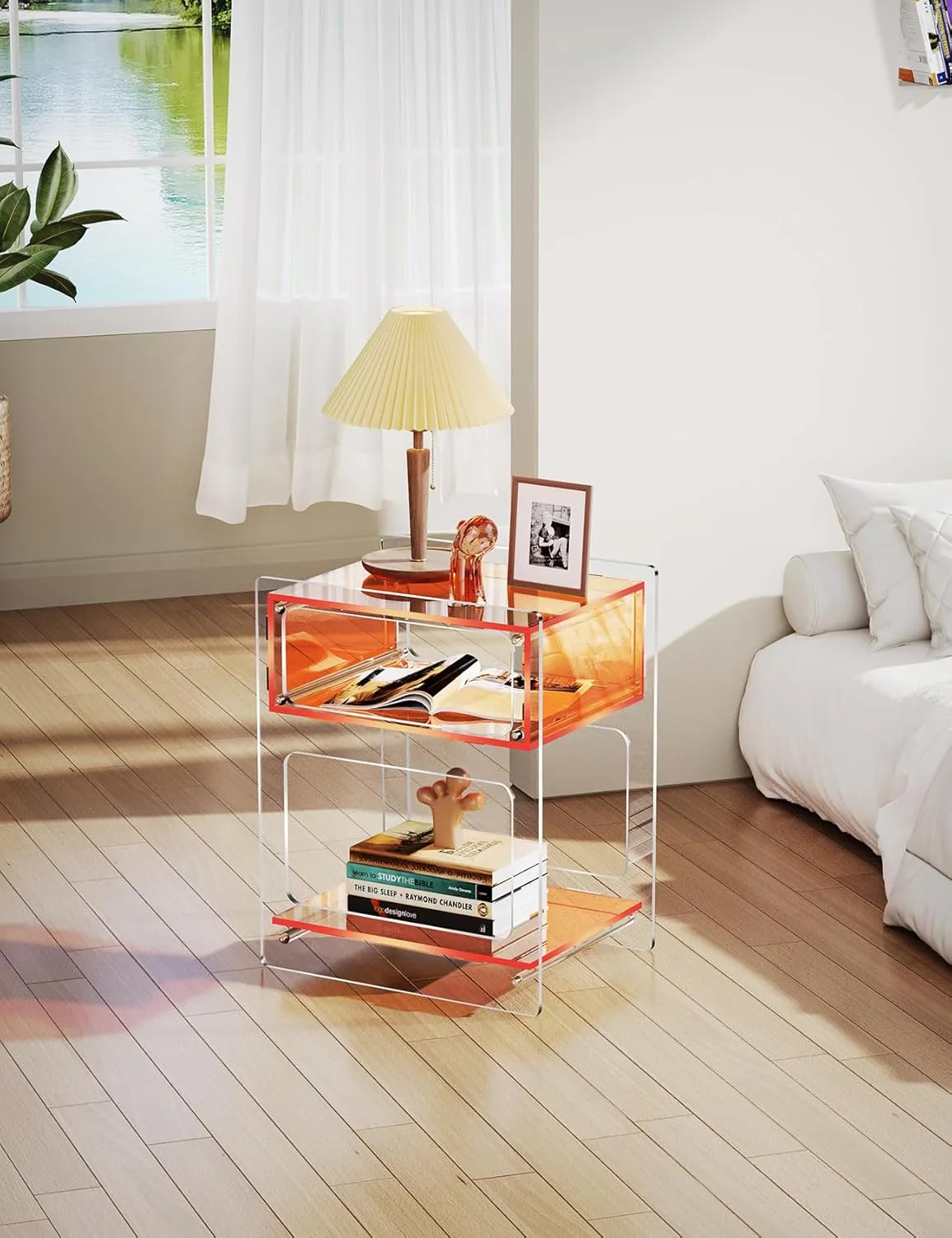 Acrylic Side Table for Living Room, Acrylic Nightstand for Bedroom, L-Series, 15.7'' x 11.8'' × 19.7'' inches (Orange)