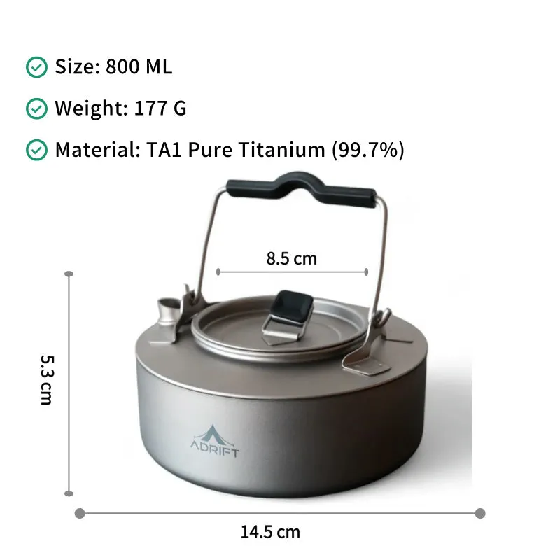 Adrift Allseason Titanium Camping Kettle with Folding Handle - 800ml