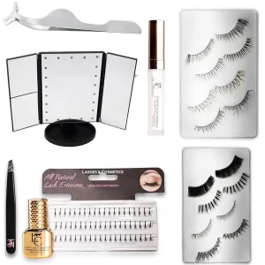 All-in-One Eyelash Extension Kit – False Lashes Set with Glue, Tweezers, LED Mirror, Lash Applicator, Strip & Cluster Lashes – DIY Natural & Glam Look