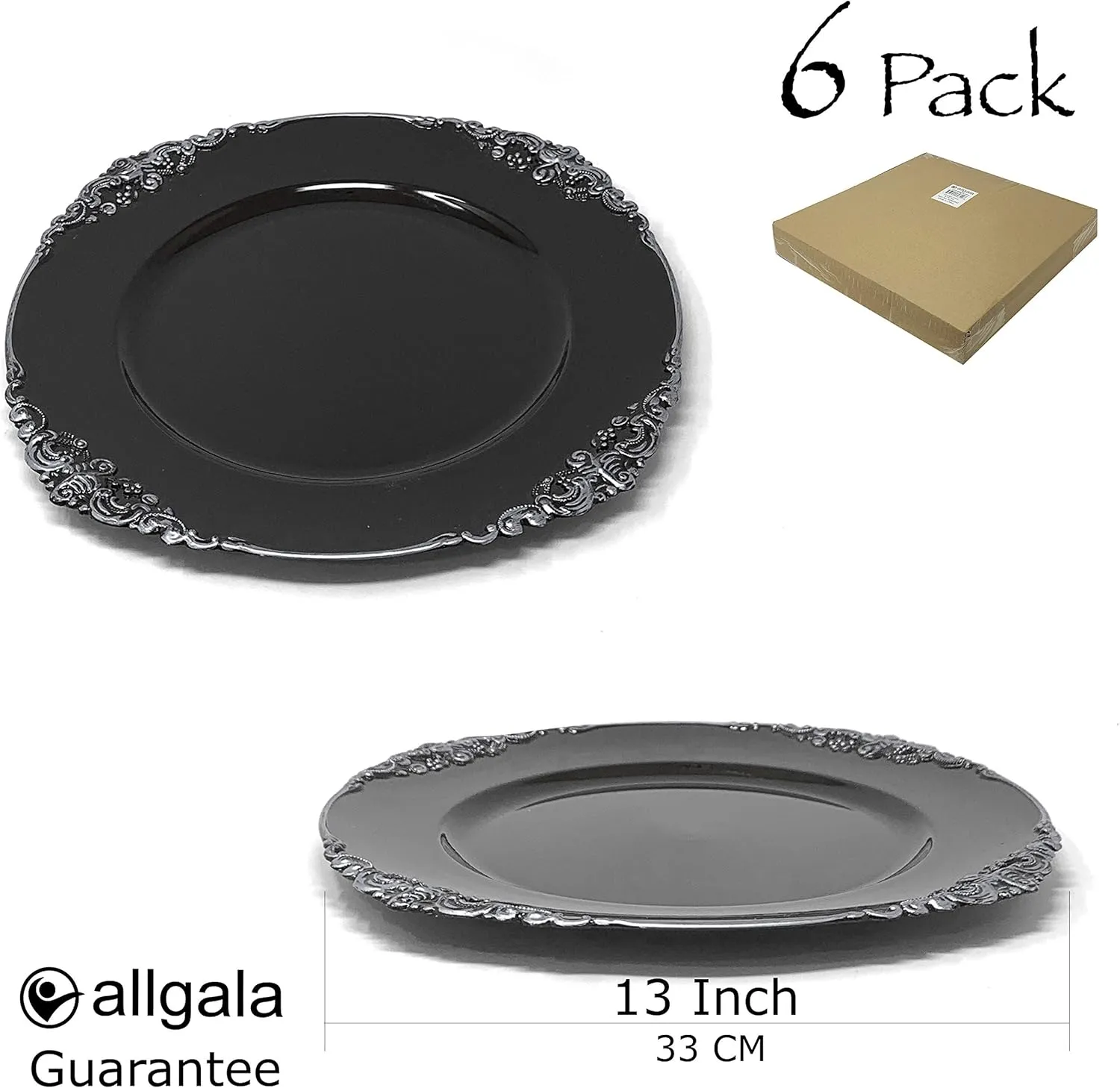 allgala 13-Inch 6-Pack Heavy Quality Round Charger Plates-Floral Black Gold Trim-HD80343