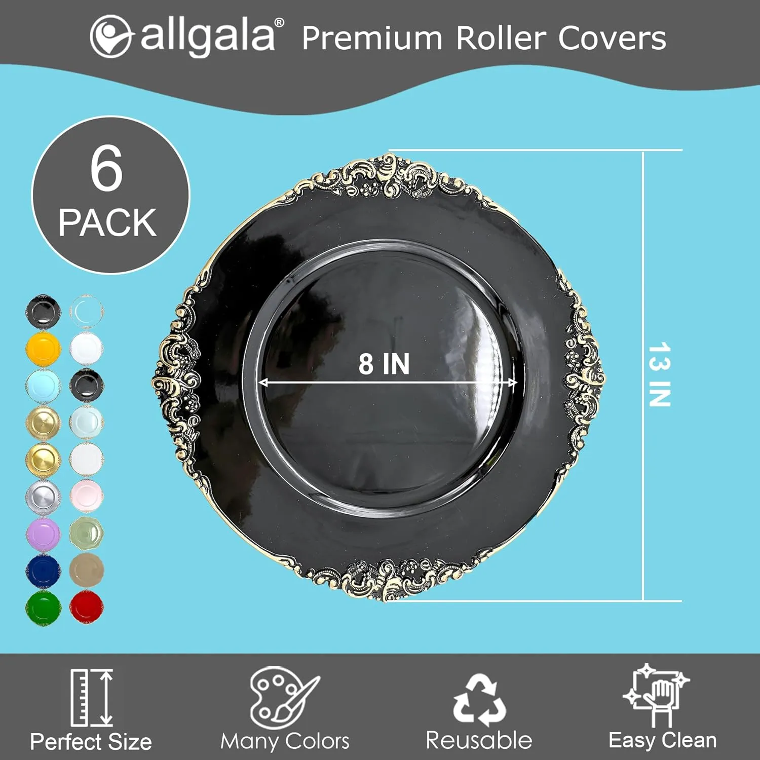 allgala 13-Inch 6-Pack Heavy Quality Round Charger Plates-Floral Black Gold Trim-HD80343