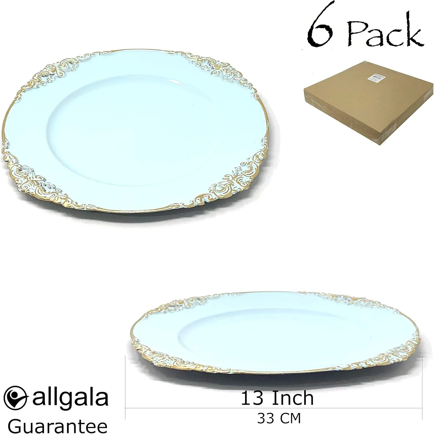 allgala 13-Inch 6-Pack Heavy Quality Round Charger Plates-Floral Light Blue-HD80344