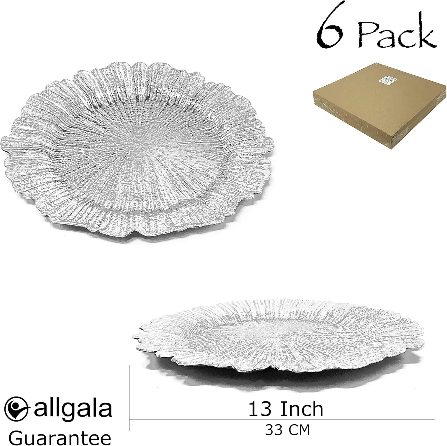allgala 13-Inch 6-Pack Heavy Quality Round Charger Plates-Reef Silver-HD80332