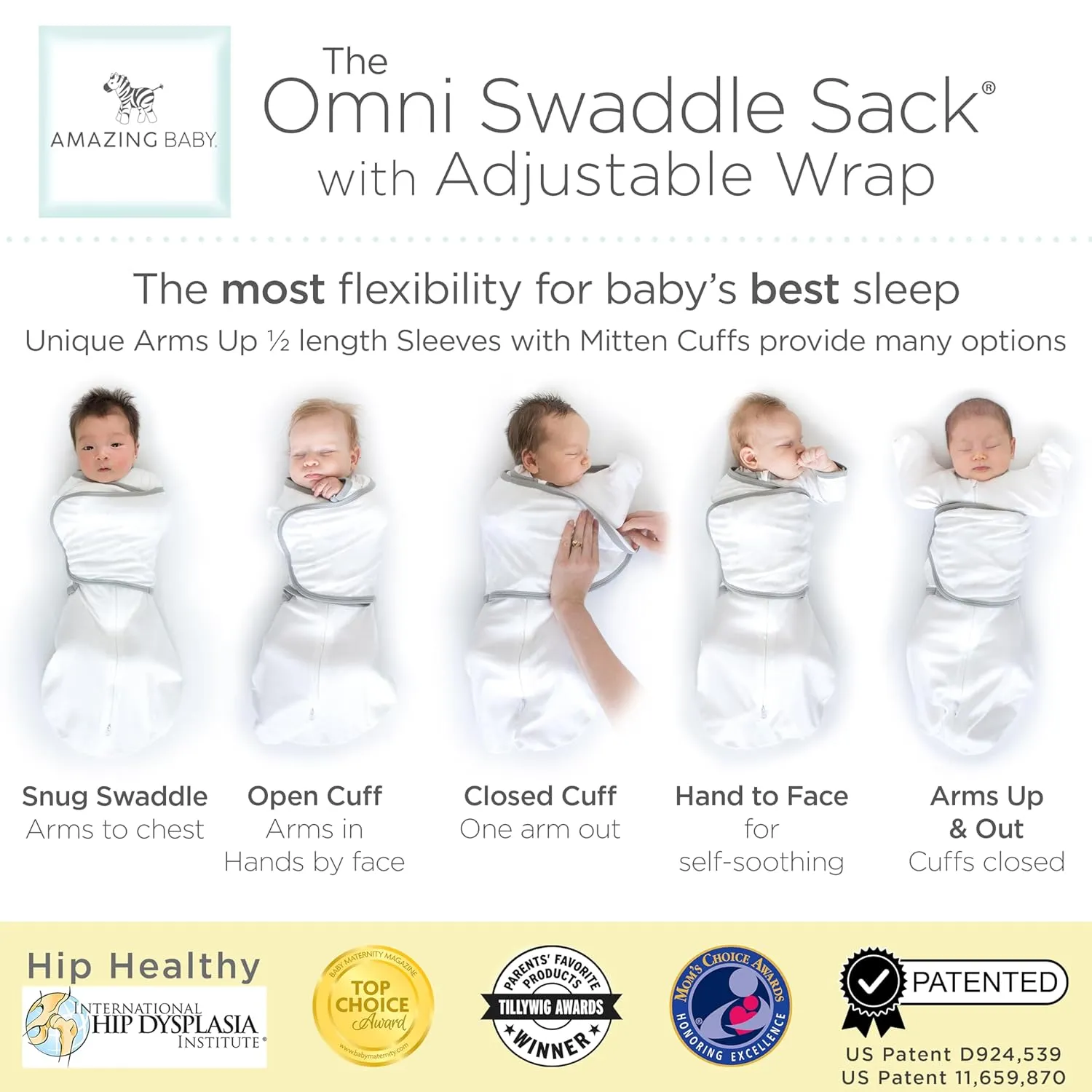 Amazing Baby Omni Transitional Swaddle, Swaddle Sleep Sack with Wrap & Arms Up Sleeves & Mitten Cuffs, Gray Stars, Small, 0-3 Months