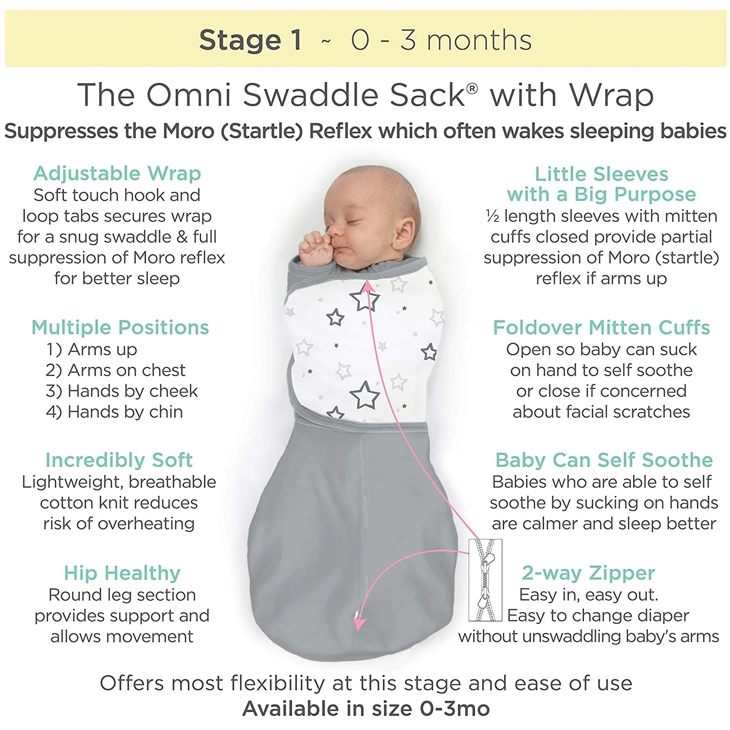 Amazing Baby Omni Transitional Swaddle, Swaddle Sleep Sack with Wrap & Arms Up Sleeves & Mitten Cuffs, Gray Stars, Small, 0-3 Months