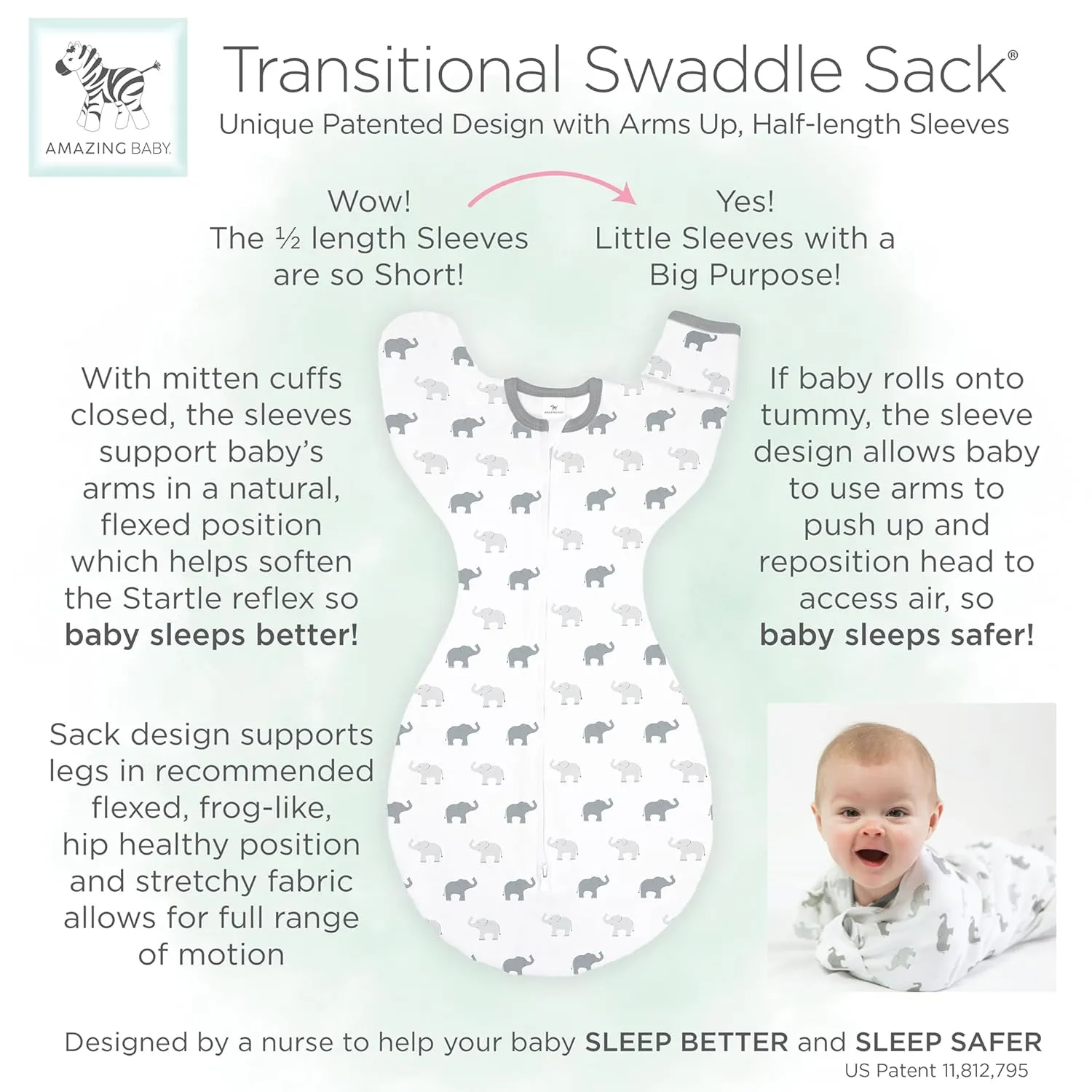 Amazing Baby Transitional Swaddle Sack, Arms Up Half-Length Sleeves & Mitten Cuffs, Swaddle for Newborn Transition to Baby Sleep Sack Wearable Blanket, Med, 3-6 month, 14-21 lb, Blue Tiny Elephants