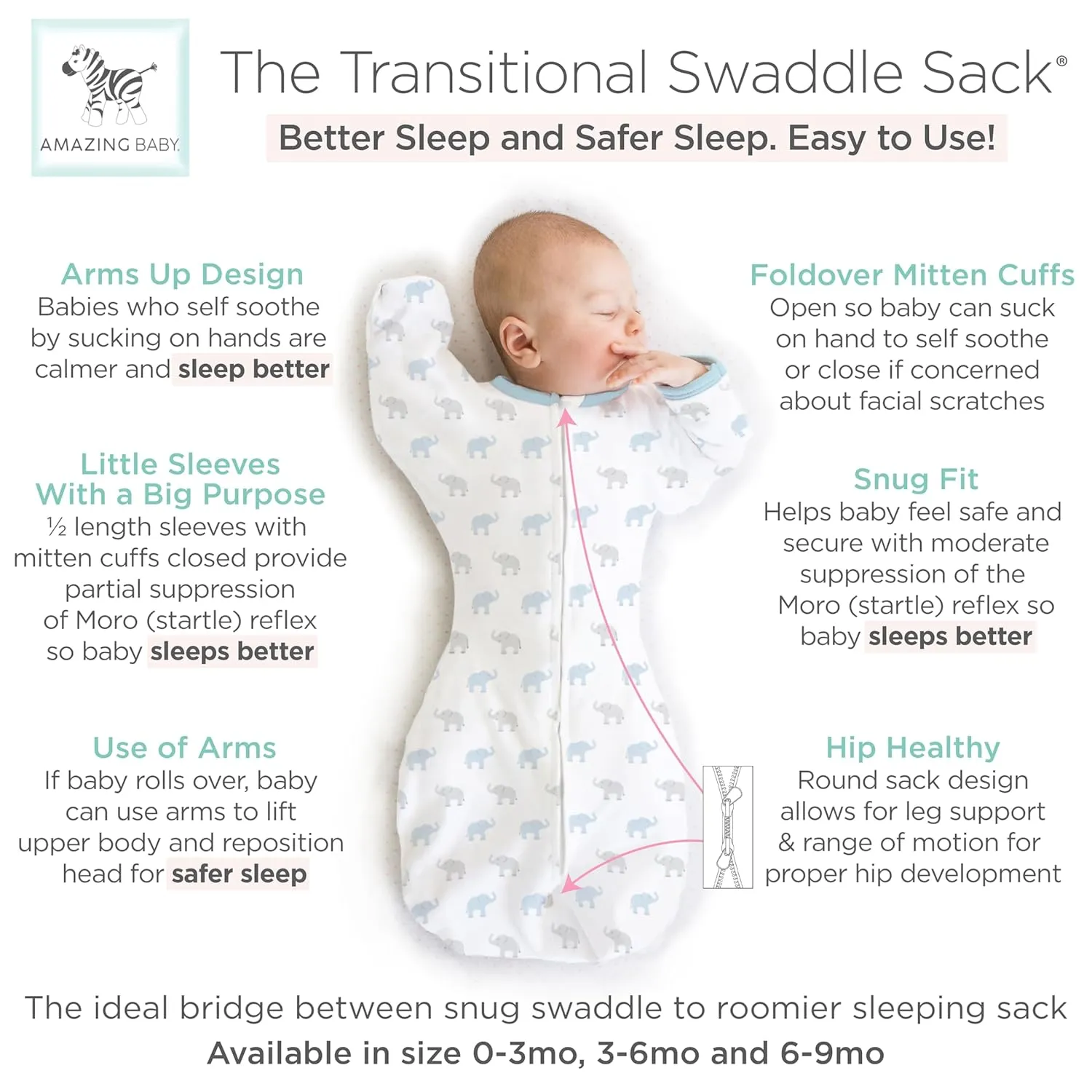 Amazing Baby Transitional Swaddle Sack, Arms Up Half-Length Sleeves & Mitten Cuffs, Swaddle for Newborn Transition to Baby Sleep Sack Wearable Blanket, Med, 3-6 month, 14-21 lb, Blue Tiny Elephants
