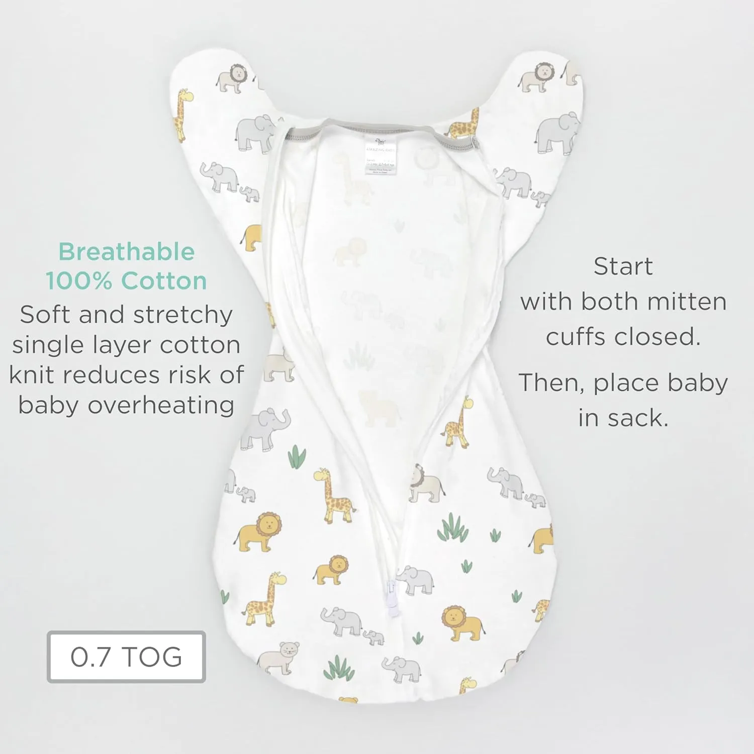 Amazing Baby Transitional Swaddle Sack, Arms Up Half-Length Sleeves & Mitten Cuffs, Swaddle for Newborn Transition to Baby Sleep Sack Wearable Blanket, Med, 3-6 month, 14-21 lb, Blue Tiny Elephants