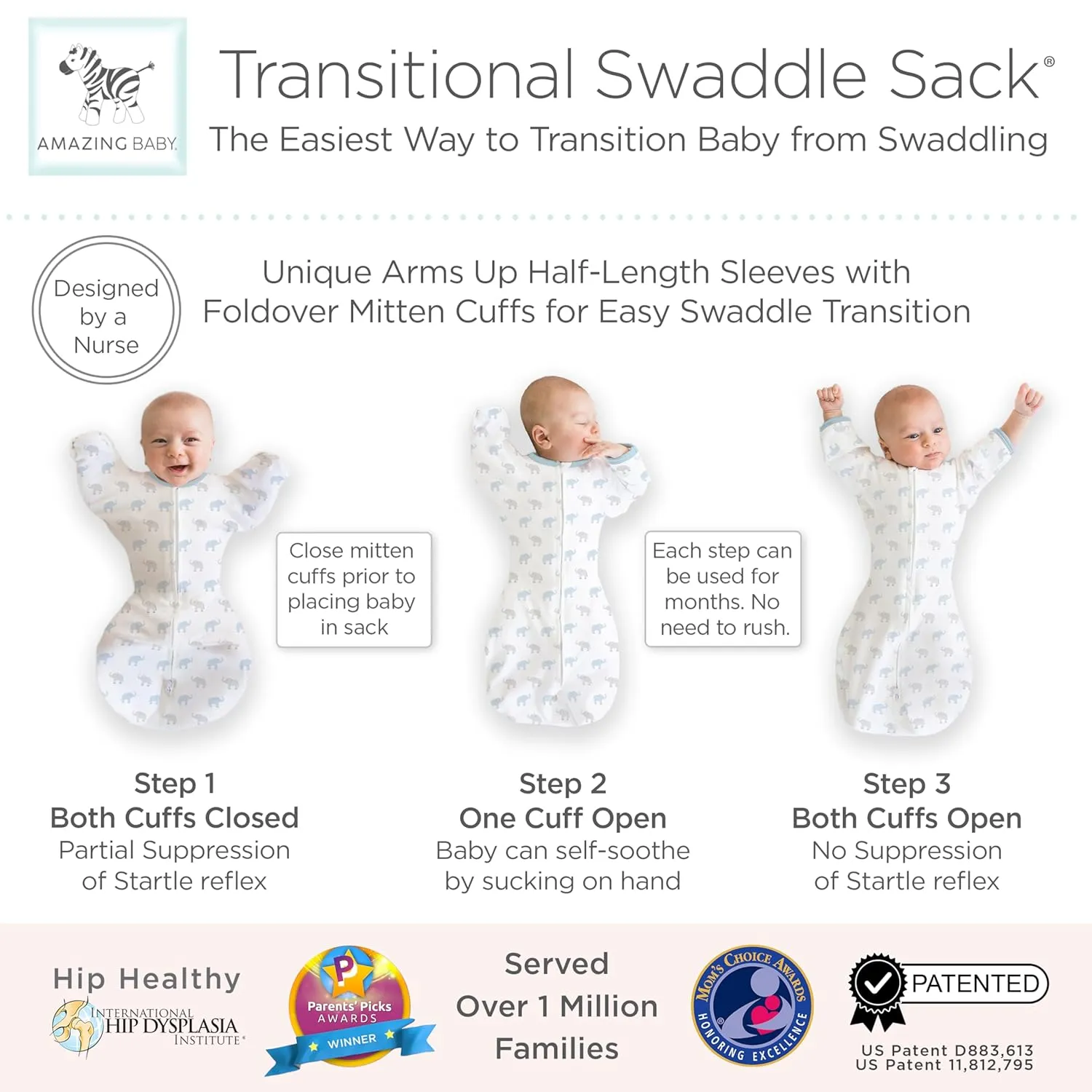 Amazing Baby Transitional Swaddle Sack, Arms Up Half-Length Sleeves & Mitten Cuffs, Swaddle for Newborn Transition to Baby Sleep Sack Wearable Blanket, Med, 3-6 month, 14-21 lb, Blue Tiny Elephants