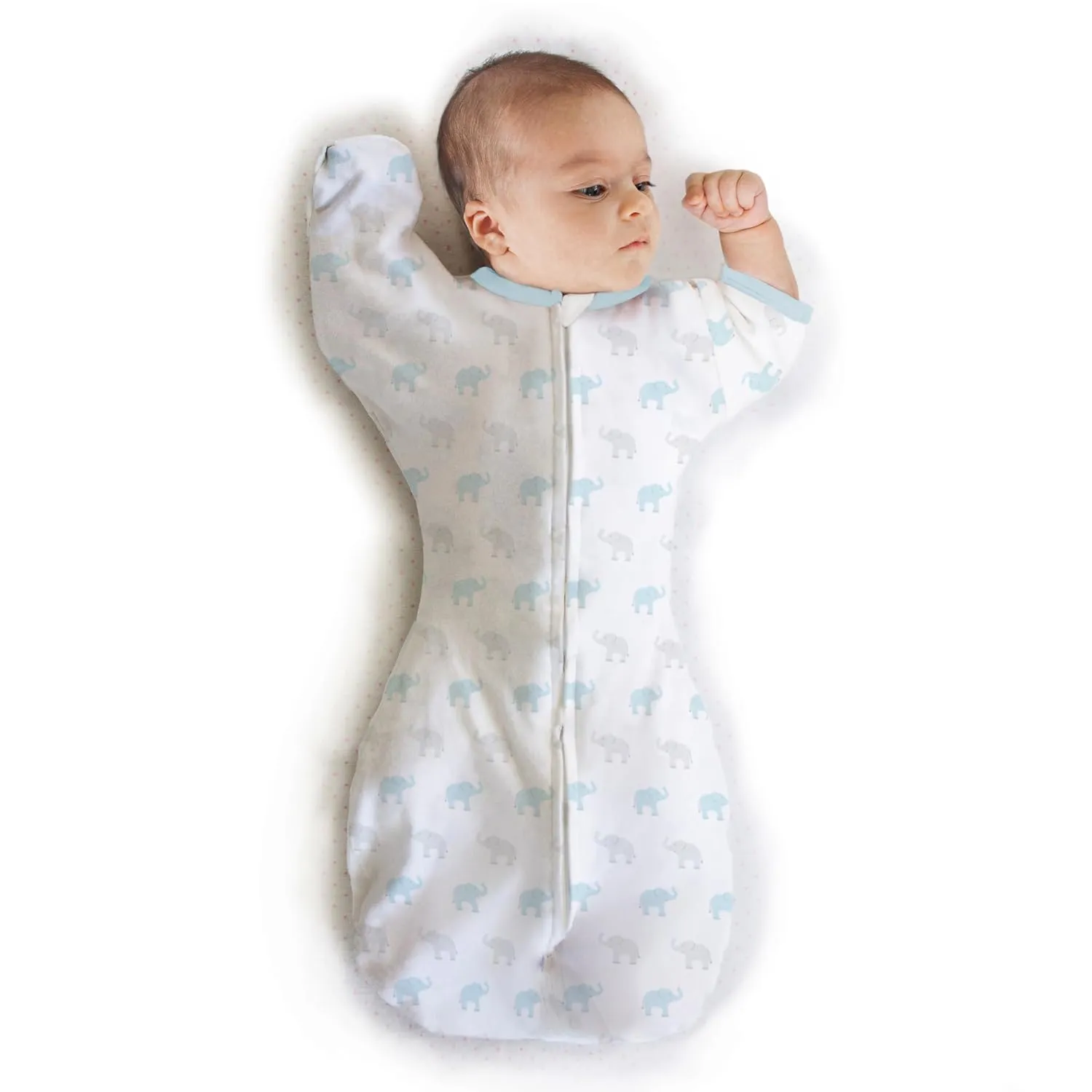 Amazing Baby Transitional Swaddle Sack, Arms Up Half-Length Sleeves & Mitten Cuffs, Swaddle for Newborn Transition to Baby Sleep Sack Wearable Blanket, Med, 3-6 month, 14-21 lb, Blue Tiny Elephants