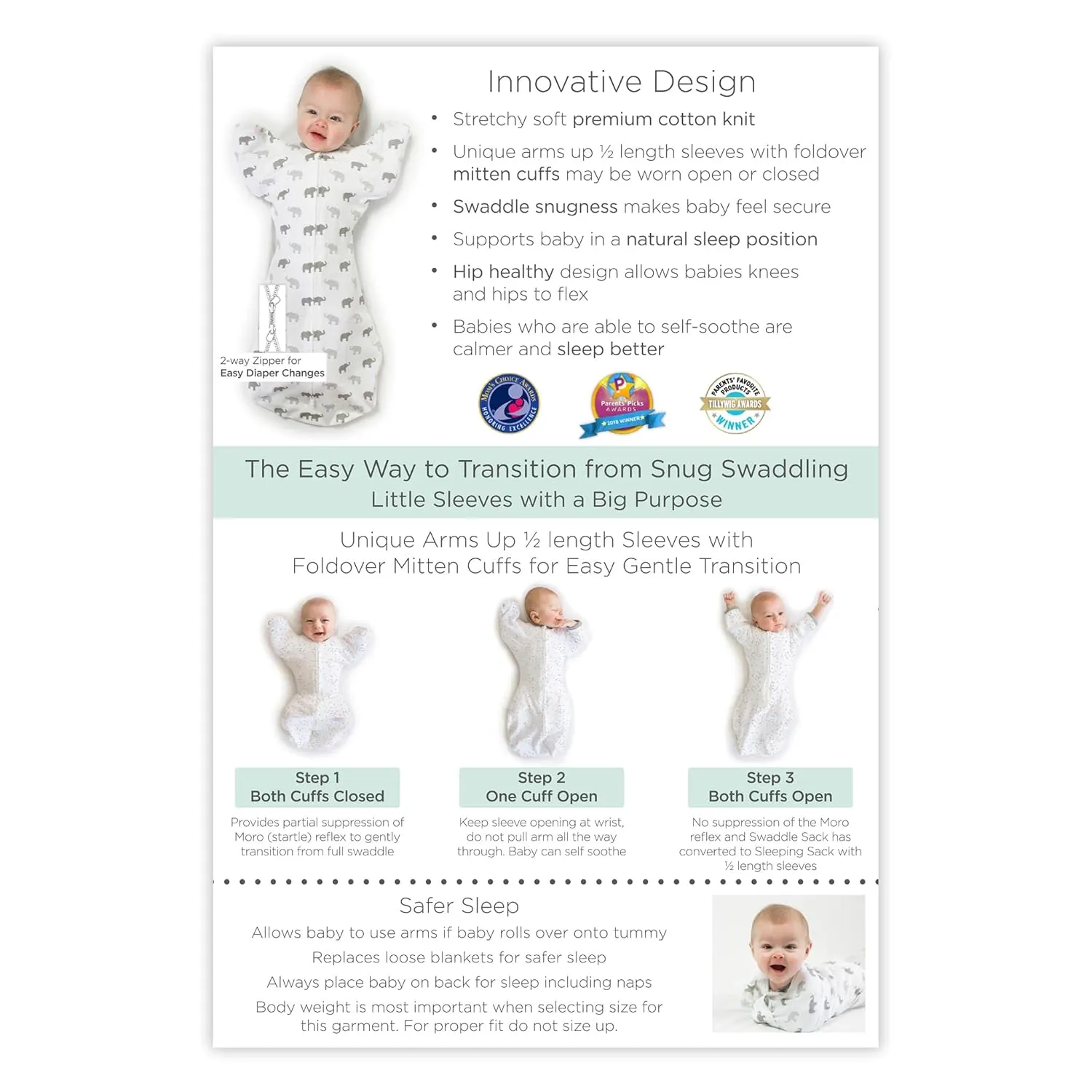 Amazing Baby Transitional Swaddle Sack, Arms Up Half-Length Sleeves & Mitten Cuffs, Swaddle for Newborn Transition to Baby Sleep Sack Wearable Blanket, Med, 3-6 month, 14-21 lb, Blue Tiny Elephants