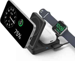 Anker MagGo 3 in 1 iPhone 16 Charging Station, MagSafe-Compatible Wireless Charger Stand, Qi2 Certified 15W Foldable Charger for iPhone 15/14, AirPods, Apple Watch 9 (40W USB-C Adapter Included)