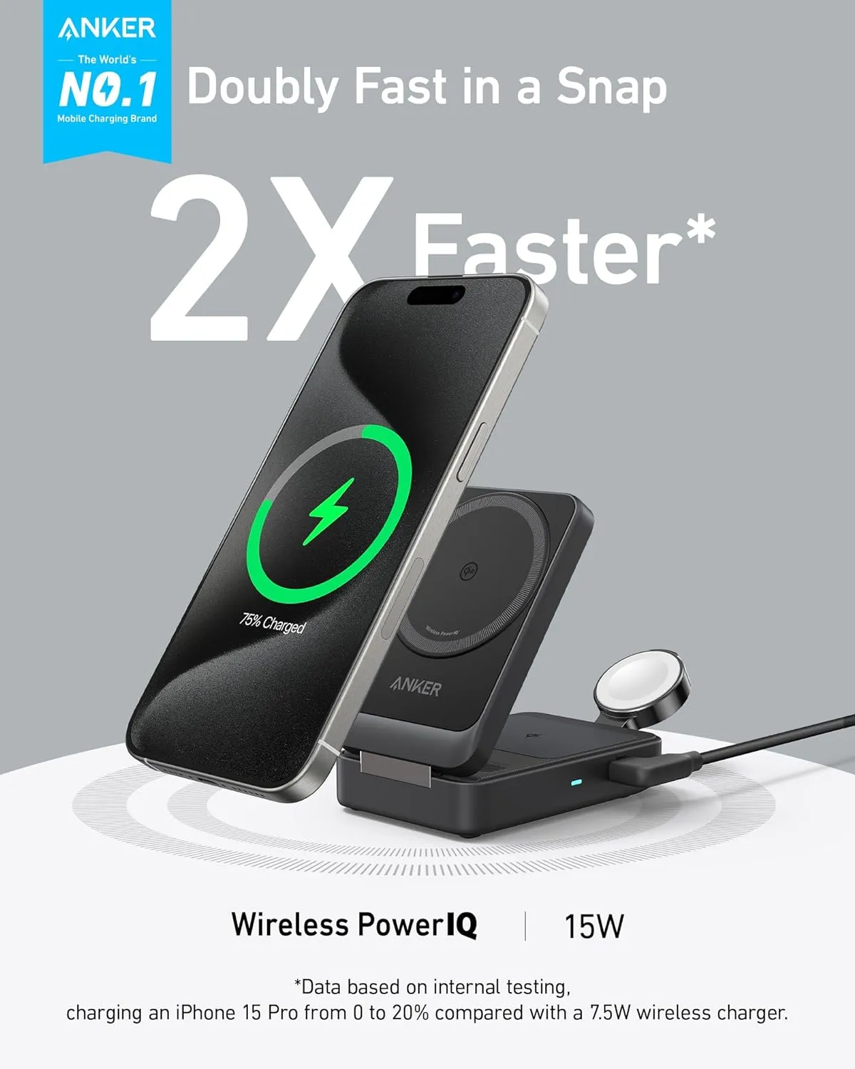 Anker MagGo 3 in 1 iPhone 16 Charging Station, MagSafe-Compatible Wireless Charger Stand, Qi2 Certified 15W Foldable Charger for iPhone 15/14, AirPods, Apple Watch 9 (40W USB-C Adapter Included)