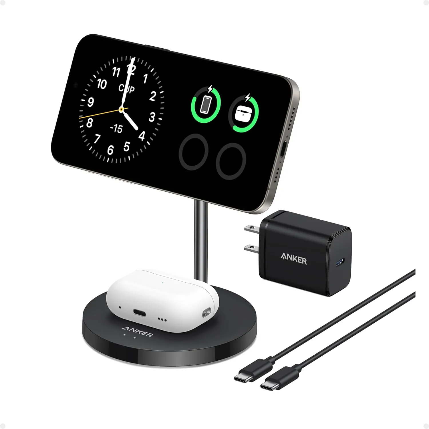 Anker MagSafe Compatible MagGo Charger Stand, iPhone 16 Wireless Charger, 2-in-1 Charging Station, Qi2 Certified 15W Max Charging, for iPhone 16/15/14/13/12, AirPods Pro (40W USB-C Adapter Included)