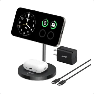 Anker MagSafe Compatible MagGo Charger Stand, iPhone 16 Wireless Charger, 2-in-1 Charging Station, Qi2 Certified 15W Max Charging, for iPhone 16/15/14/13/12, AirPods Pro (40W USB-C Adapter Included)