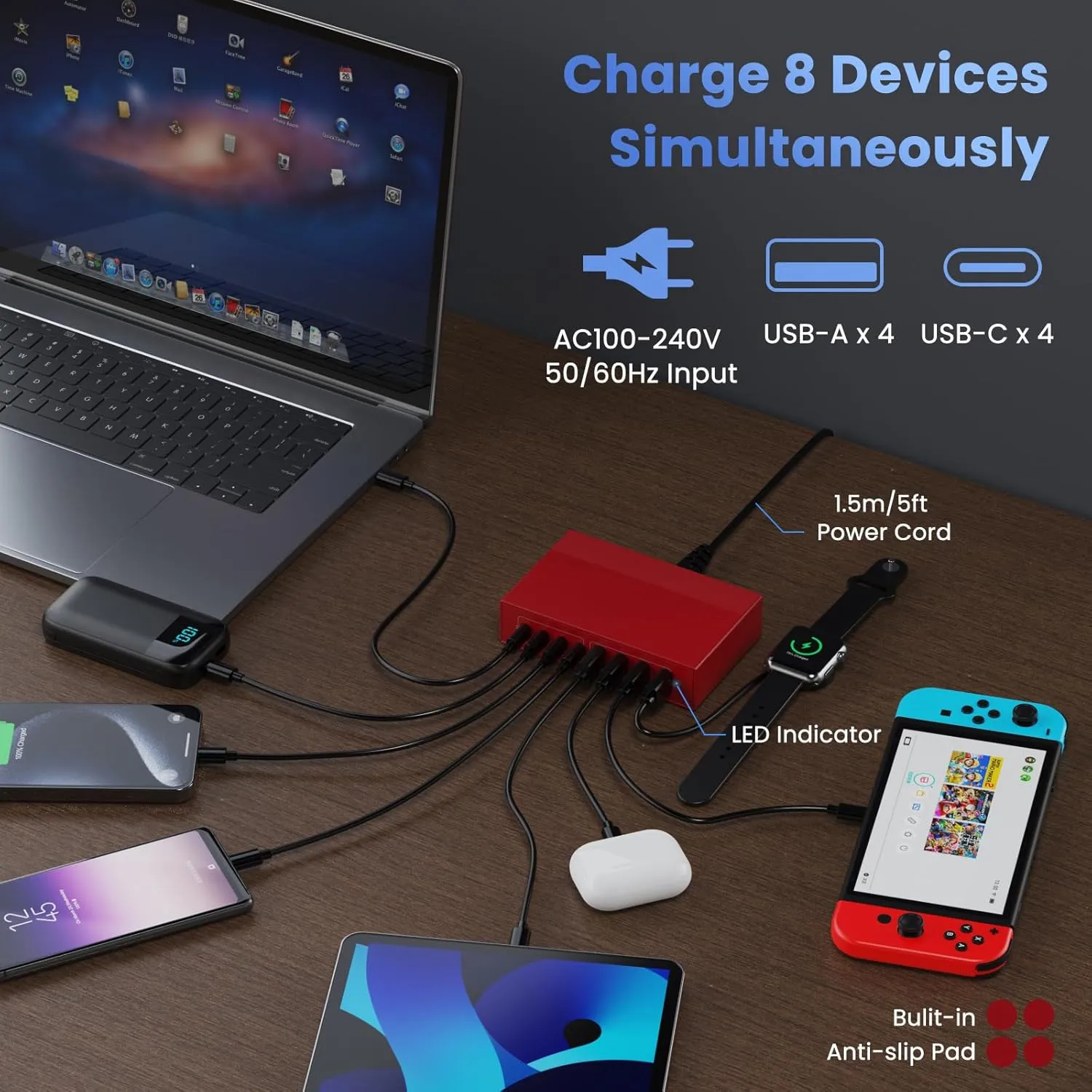 Apple MacBook Pro/Air Fast Charging Station - 65W GaN III USB C Charger, 8-in-1 Hub With PD, Travel Adapter for Dell XPS, iPhone 16/15/14, iPad, Galaxy S24 (Red)