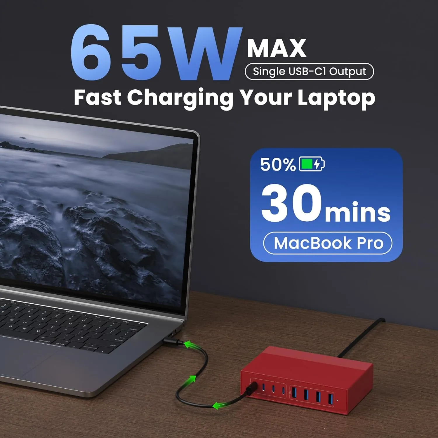 Apple MacBook Pro/Air Fast Charging Station - 65W GaN III USB C Charger, 8-in-1 Hub With PD, Travel Adapter for Dell XPS, iPhone 16/15/14, iPad, Galaxy S24 (Red)