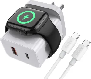 Apple Watch Charger,20W 3-in-1 Fast Charging Block with Magnetic Wireless Charging and Dual Ports, Portable USB C PD Travel Plug Compatible with iPhone, Apple Watch Series (White)