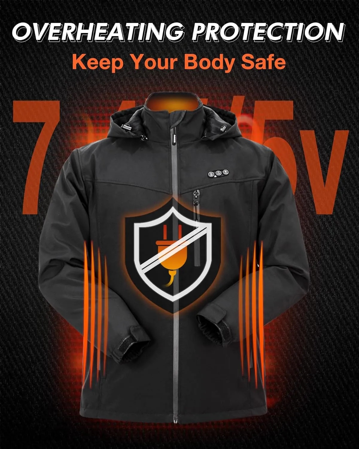 ARRIS Men`s Heated Jacket, Electric Heating Coat with Battery and Detachable Hood - Waterproof, 8 Heating Areas