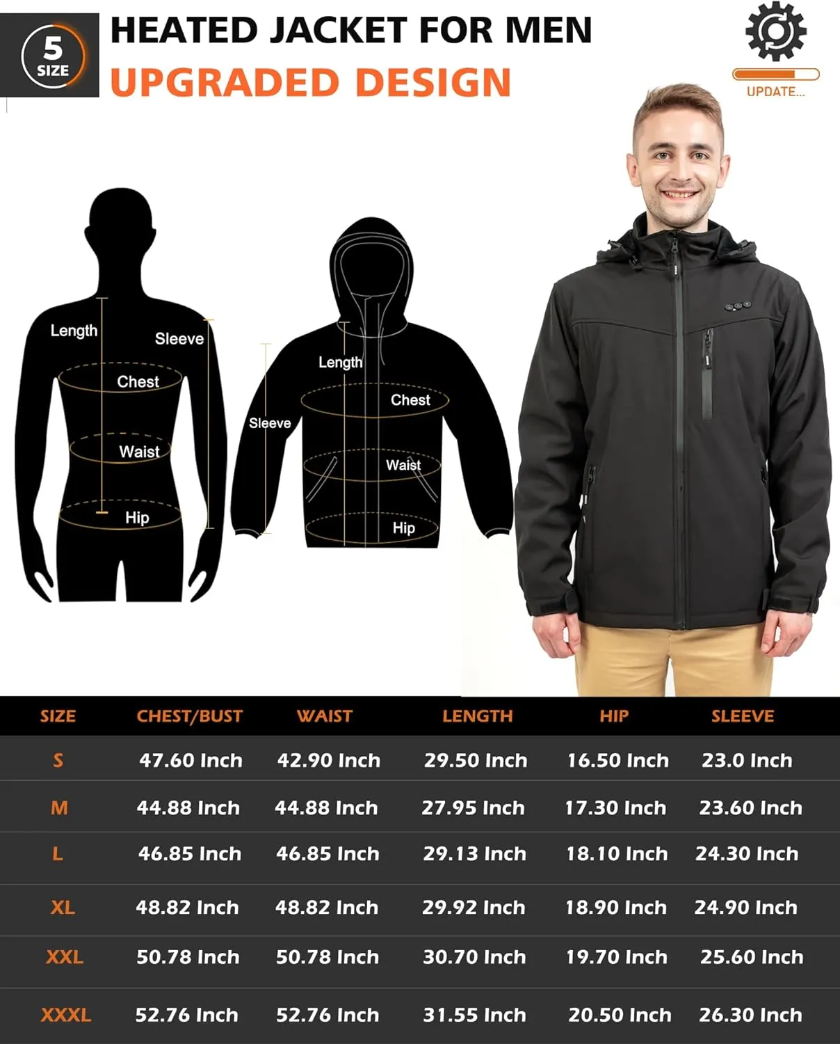 ARRIS Men`s Heated Jacket, Electric Heating Coat with Battery and Detachable Hood - Waterproof, 8 Heating Areas