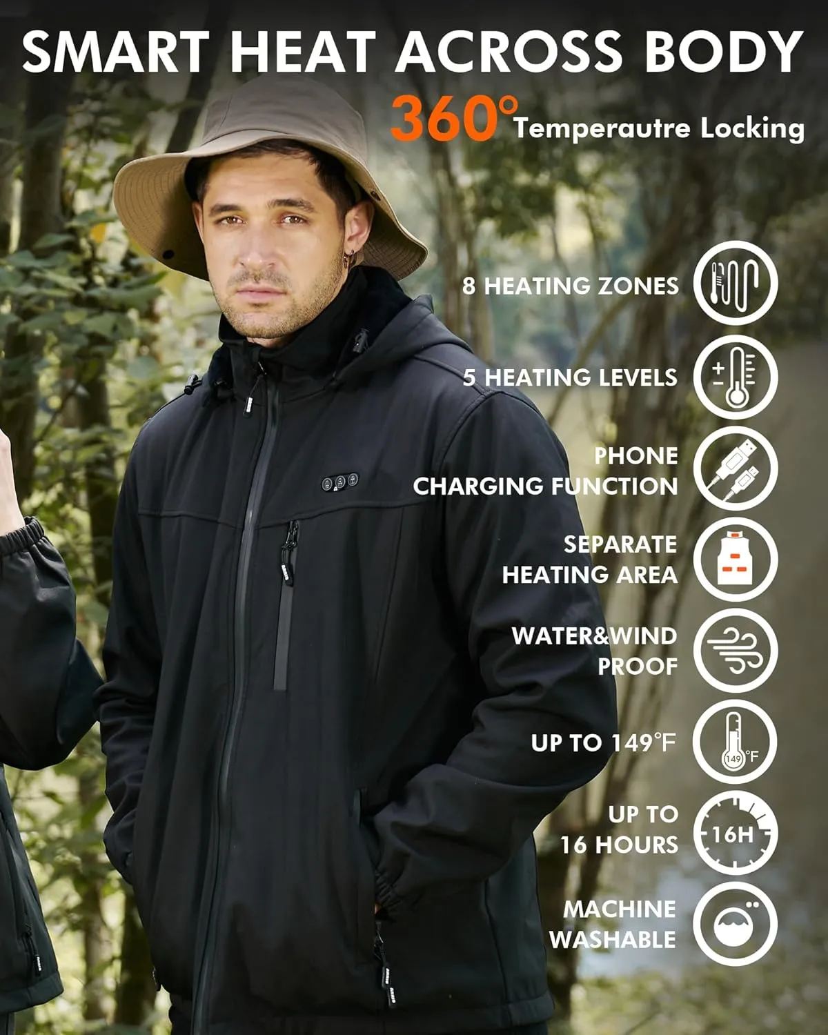 ARRIS Men`s Heated Jacket, Electric Heating Coat with Battery and Detachable Hood - Waterproof, 8 Heating Areas
