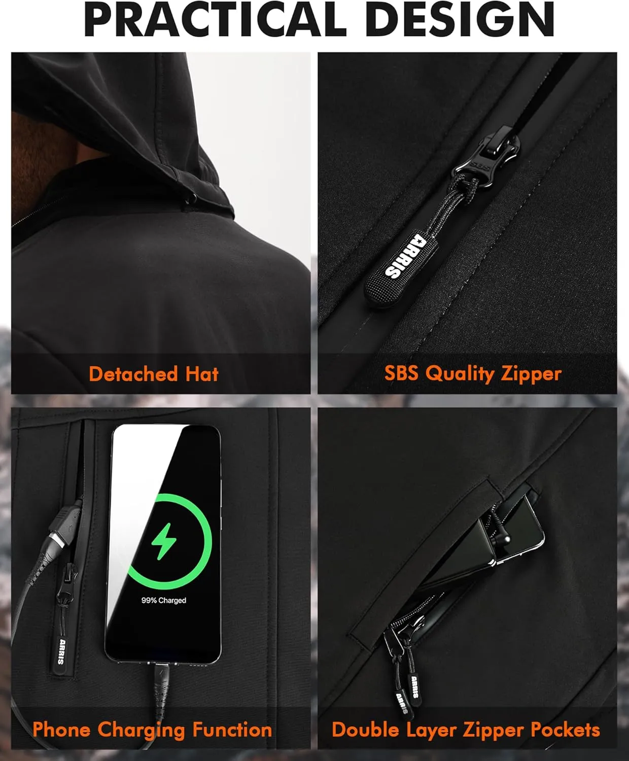 ARRIS Men`s Heated Jacket, Electric Heating Coat with Battery and Detachable Hood - Waterproof, 8 Heating Areas