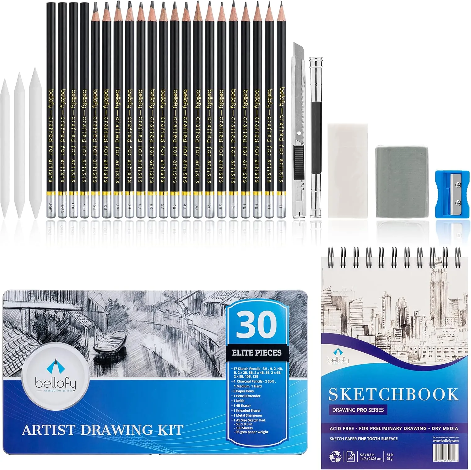 Artist Drawing Set Sketching Drawing Kit -100 Sheet Sketchbook - Variety of Sketch/Charcoal Pencils Set for Drawing - Shading Pencils For Sketching from 3H-12B - 30 piece - Erasers & Sharpener