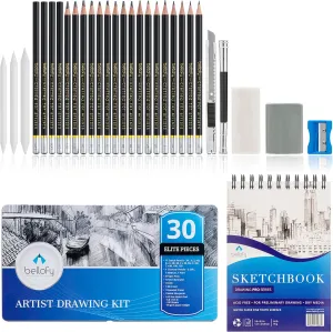 Artist Drawing Set Sketching Drawing Kit -100 Sheet Sketchbook - Variety of Sketch/Charcoal Pencils Set for Drawing - Shading Pencils For Sketching from 3H-12B - 30 piece - Erasers & Sharpener