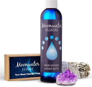 Aura Cleansing Lunar Bath Oil Smudge Kit with Reiki - New Moon Elixir Energy Clearing, Spiritual Protection from Negative Energy, Positive Energy Ritual, Sacred Space Cleanse by Moonwater Elixirs