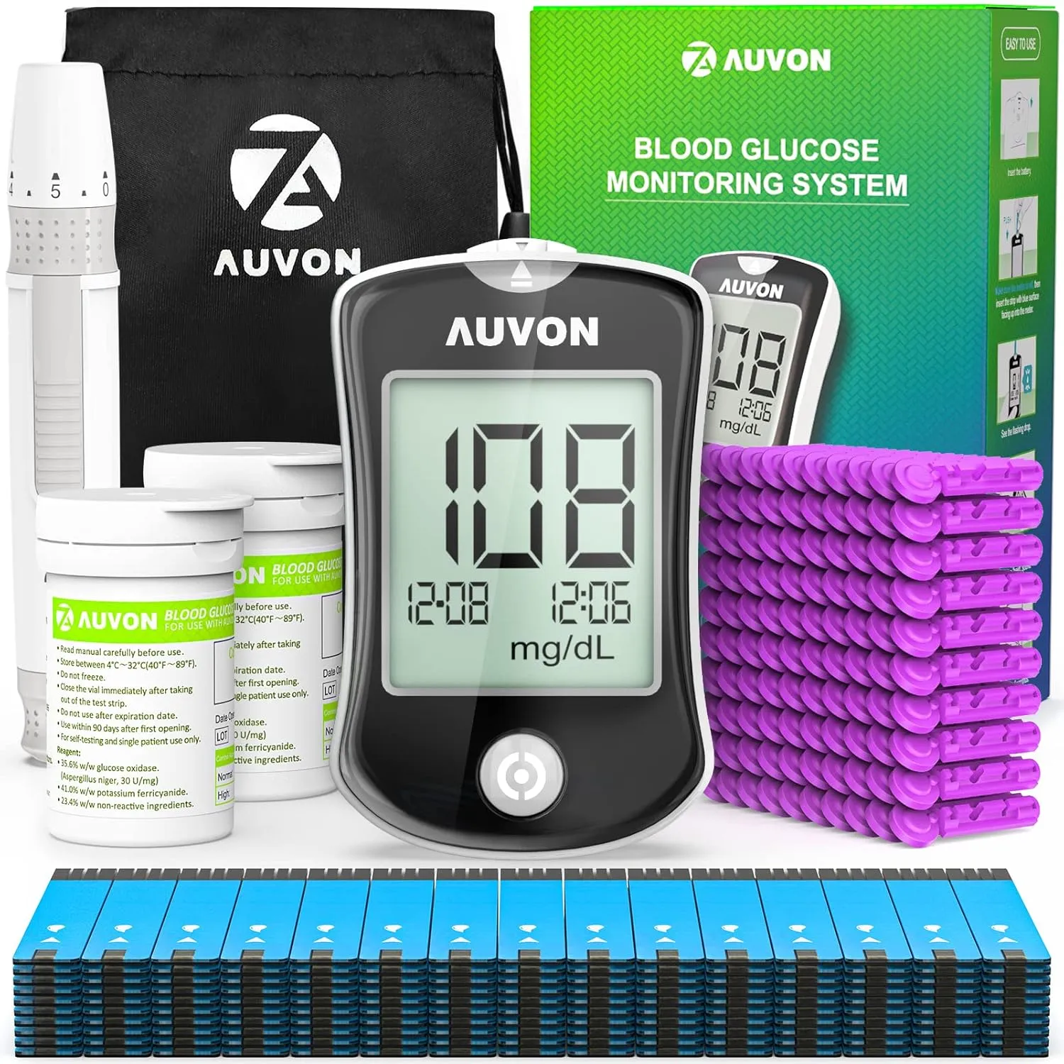 AUVON Blood Glucose Monitor Kit, High Accuracy Blood Sugar Test Kit with 150 Glucometer Strips, 100 30G Lancets, 1 Lancing Devices,DS-W Diabetes Testing Kit, No Coding Required, Travel Size