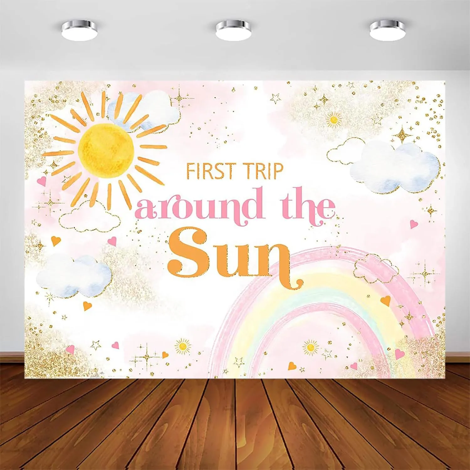 Avezano First Trip Around The Sun Backdrop 1st Trip Around The Sun Birthday Decorations Sun and Rainbow Theme Girls' First Birthday Party Photography Background Cake Table Banner (7x5ft)