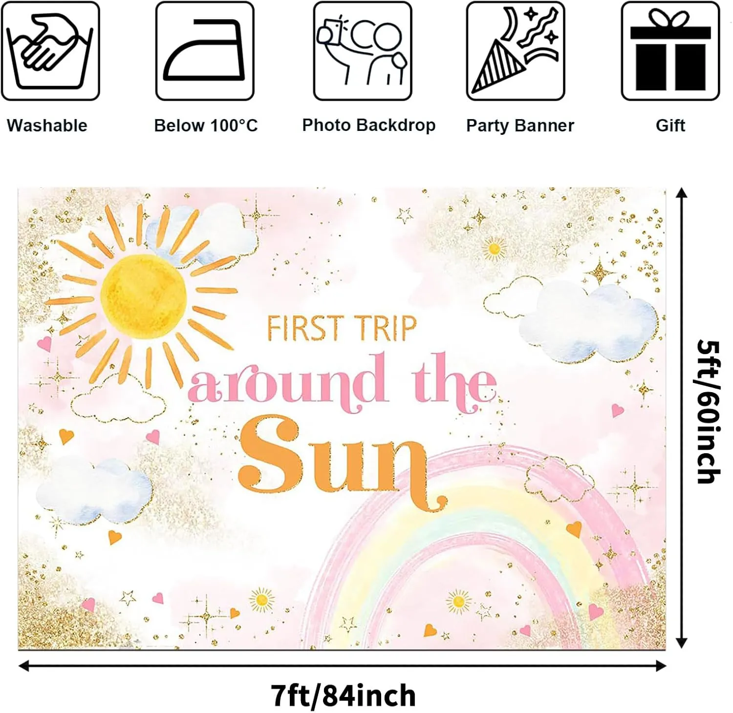 Avezano First Trip Around The Sun Backdrop 1st Trip Around The Sun Birthday Decorations Sun and Rainbow Theme Girls' First Birthday Party Photography Background Cake Table Banner (7x5ft)