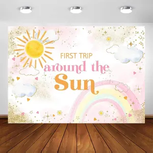 Avezano First Trip Around The Sun Backdrop 1st Trip Around The Sun Birthday Decorations Sun and Rainbow Theme Girls' First Birthday Party Photography Background Cake Table Banner (7x5ft)