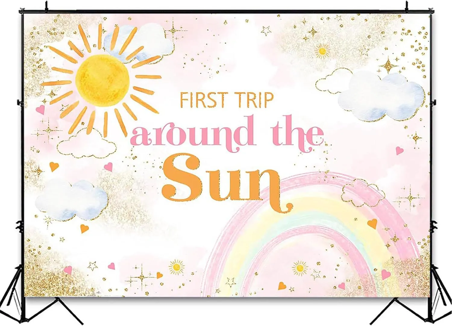 Avezano First Trip Around The Sun Backdrop 1st Trip Around The Sun Birthday Decorations Sun and Rainbow Theme Girls' First Birthday Party Photography Background Cake Table Banner (7x5ft)