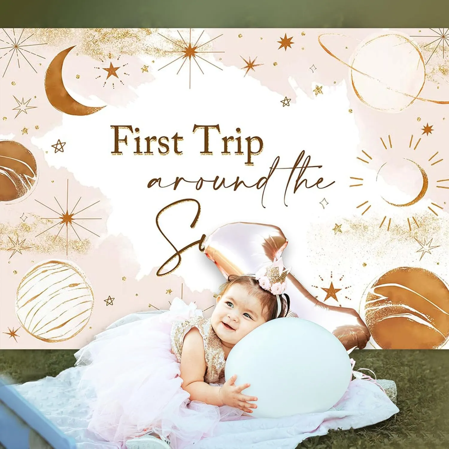 Avezano First Trip Around The Sun Backdrop 1st Trip Birthday Party Photography Background Moon and Sun First Birthday Banner for Boys and Girls Outer Space Theme Party Decoration (7x5ft)