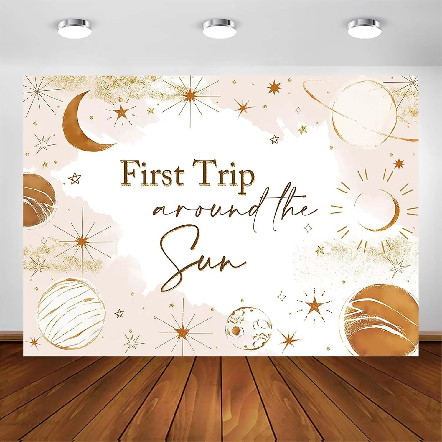 Avezano First Trip Around The Sun Backdrop 1st Trip Birthday Party Photography Background Moon and Sun First Birthday Banner for Boys and Girls Outer Space Theme Party Decoration (7x5ft)
