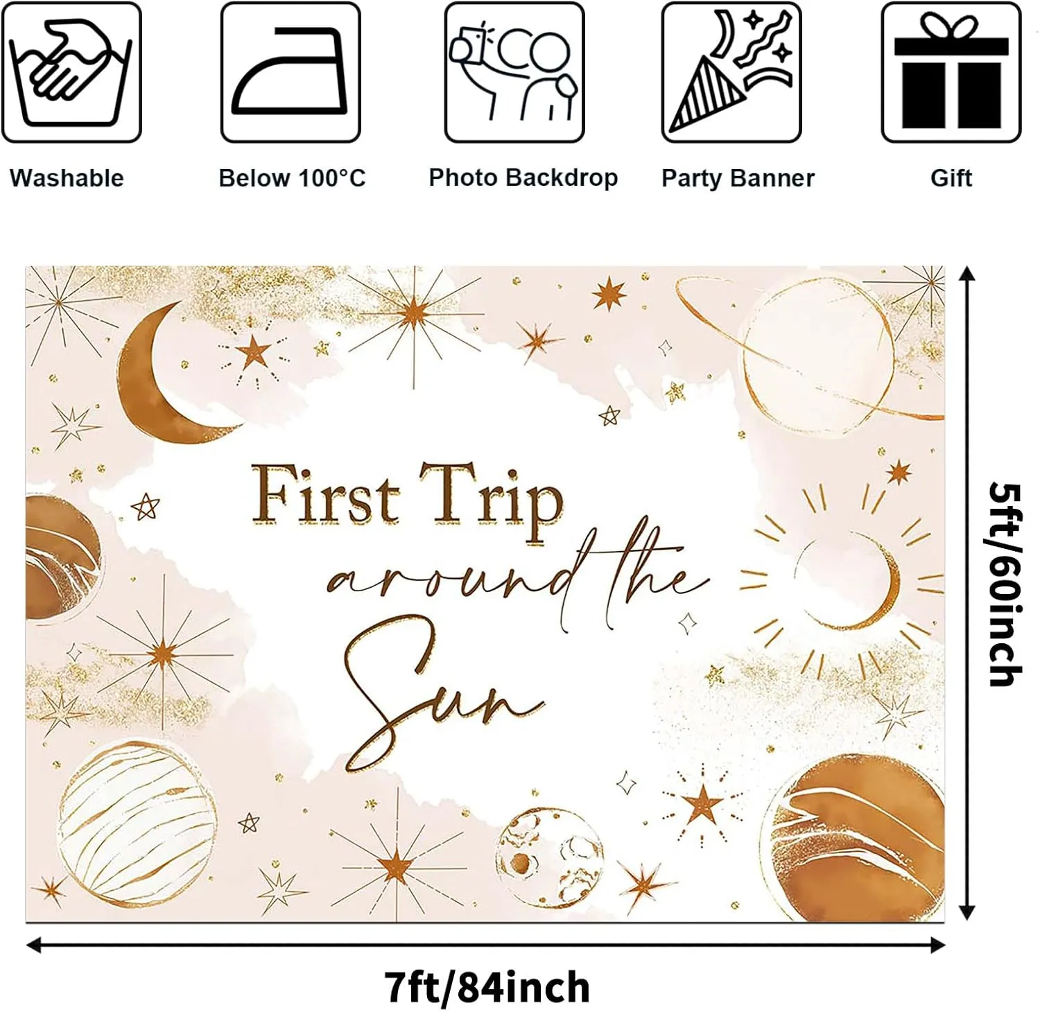 Avezano First Trip Around The Sun Backdrop 1st Trip Birthday Party Photography Background Moon and Sun First Birthday Banner for Boys and Girls Outer Space Theme Party Decoration (7x5ft)