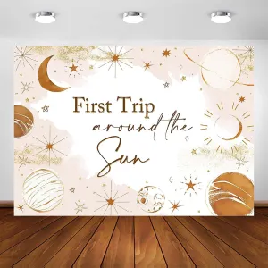 Avezano First Trip Around The Sun Backdrop 1st Trip Birthday Party Photography Background Moon and Sun First Birthday Banner for Boys and Girls Outer Space Theme Party Decoration (7x5ft)