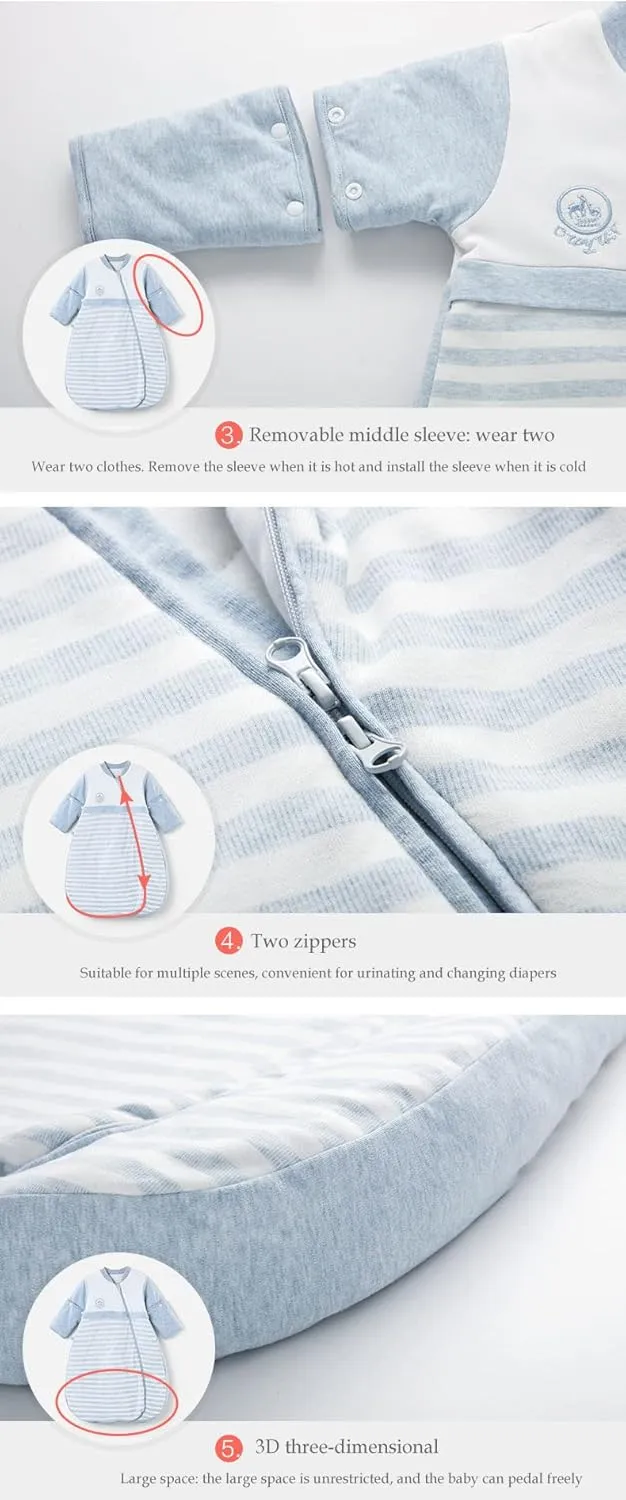 Baby Organic Sleeping Bag Detachable Sleeve Wearable Blanket,Grey,350g Filling for 32-59℉