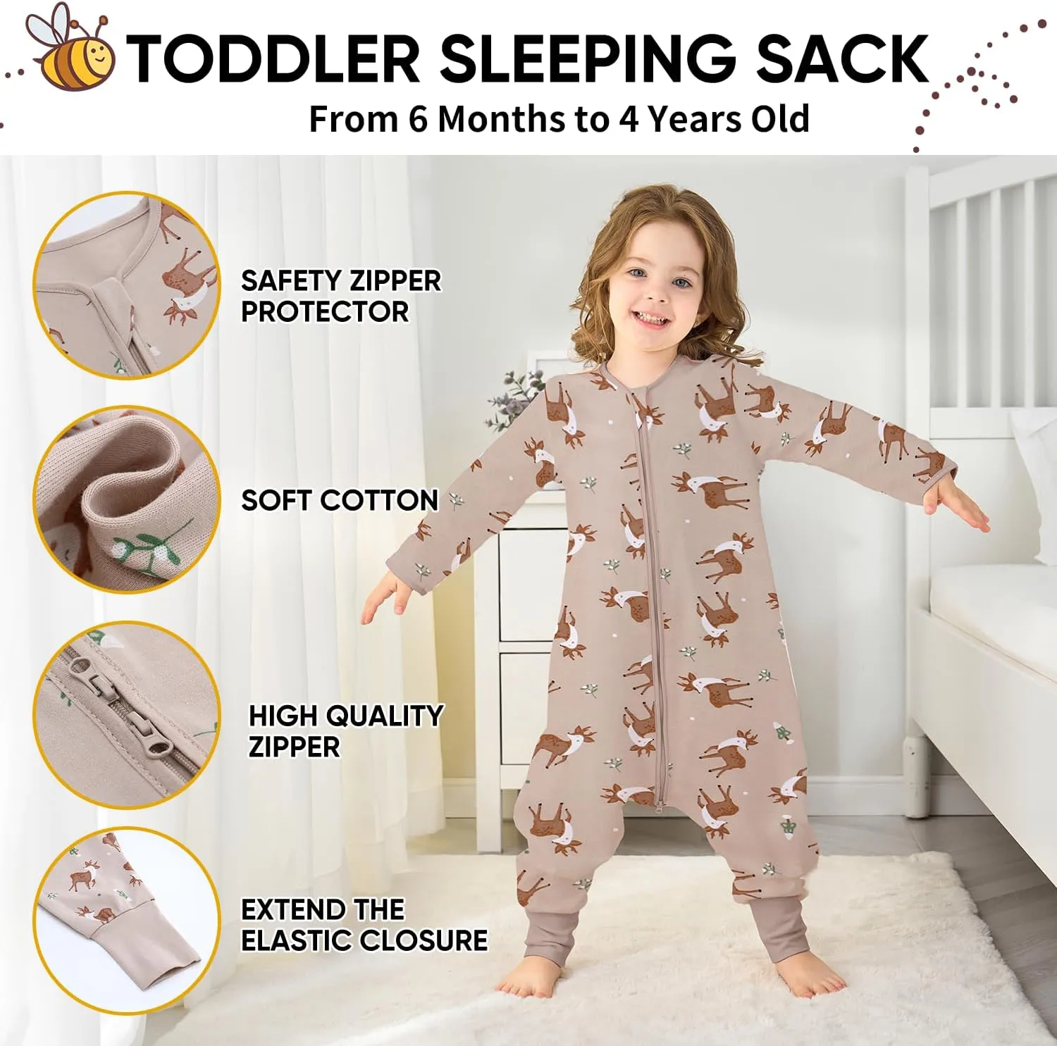 Baby Sleeping Bag with Feet, Summer Toddler Sleeping Sack with Legs Long Sleeves,Baby Wearable Blanket Sleep Sack 0.5 TOG