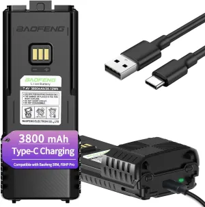 BAOFENG AR-5RM 3800mAh Extended Battery High Capacity Rechargeable Li-ion Batter USB-C Charger for Ham Radio Compatible with BF-F8HP PRO UV-5G Plus GM-5RH 5RM Series Walkie Talkies Accessories