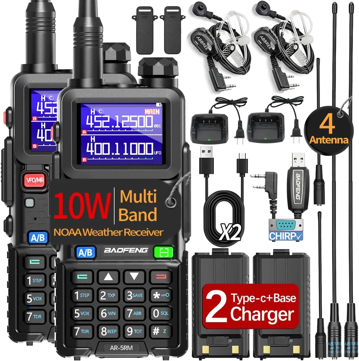BAOFENG Ham Radio 10W Long Range 5RM Handheld Two Way Radios,NOAA Weather Receiver Copy Frequency 999CH Rechargeable 2500mAh Walkie Talkies with Type C Charging and Programming Cable,2Pack