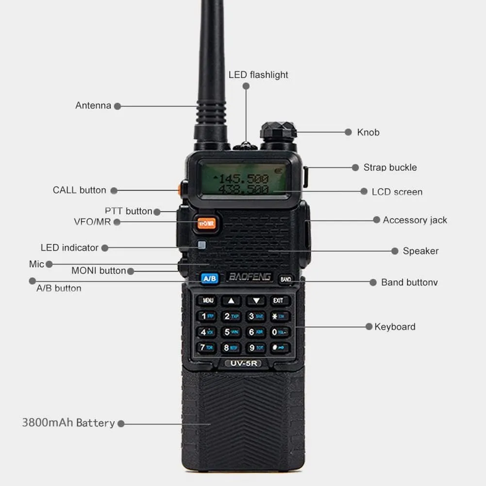 Baofeng UV-5R Dual Band Two Way Radio Handheld Ham Radio Long Range Walkie Talkies Pack of 6 for Hiking Camping Hunting Skiing Trip(Black) with 8W 3800mAh Battery