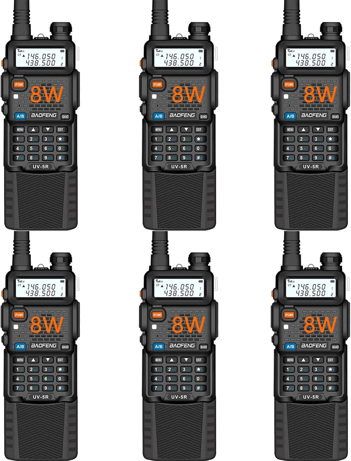 Baofeng UV-5R Dual Band Two Way Radio Handheld Ham Radio Long Range Walkie Talkies Pack of 6 for Hiking Camping Hunting Skiing Trip(Black) with 8W 3800mAh Battery