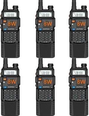 Baofeng UV-5R Dual Band Two Way Radio Handheld Ham Radio Long Range Walkie Talkies Pack of 6 for Hiking Camping Hunting Skiing Trip(Black) with 8W 3800mAh Battery