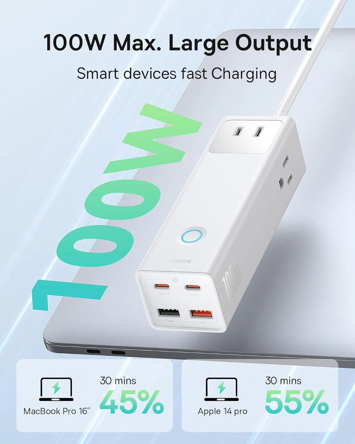 Baseus Charging Station 100W - 7 Ports Power Strip USB C Charger with Surge Protection(1200J), Fast Charging Laptop Charger Desktop Accessory for MacBook Pro, iPhone, Dorm, Home, Office