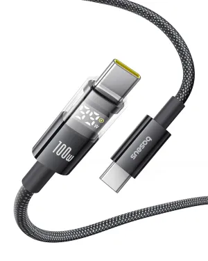 Baseus USB C Cable, 100W 5A Fast Charging USB C Charger Cable with LED Display, Zinc Alloy Nylon Braided USB C to USB C Cable for iPhone 16/Pro/Plus/Pro Max, MacBook, iPad Pro, Galaxy S24/S23 (6.6ft)