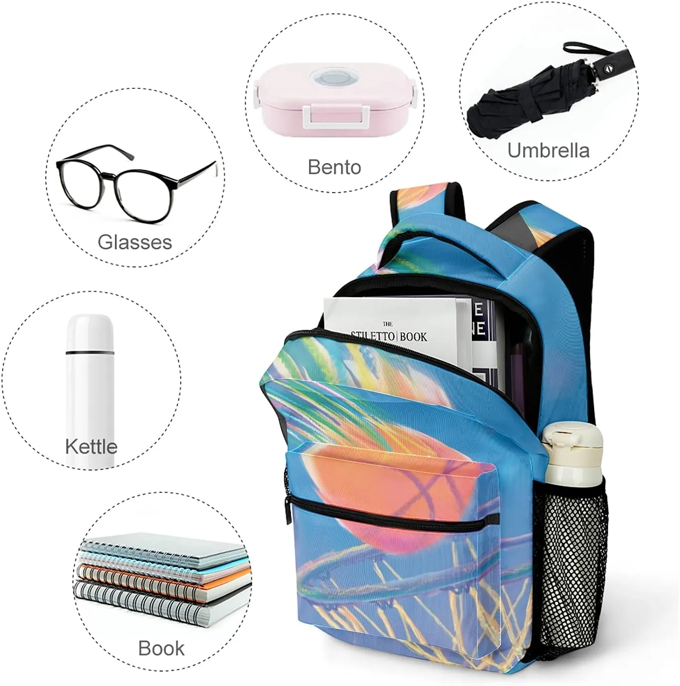 Basketball Sport Blue Personalized Student Backpack Waterproof Schoolbag Casual Travel Daypack with Name