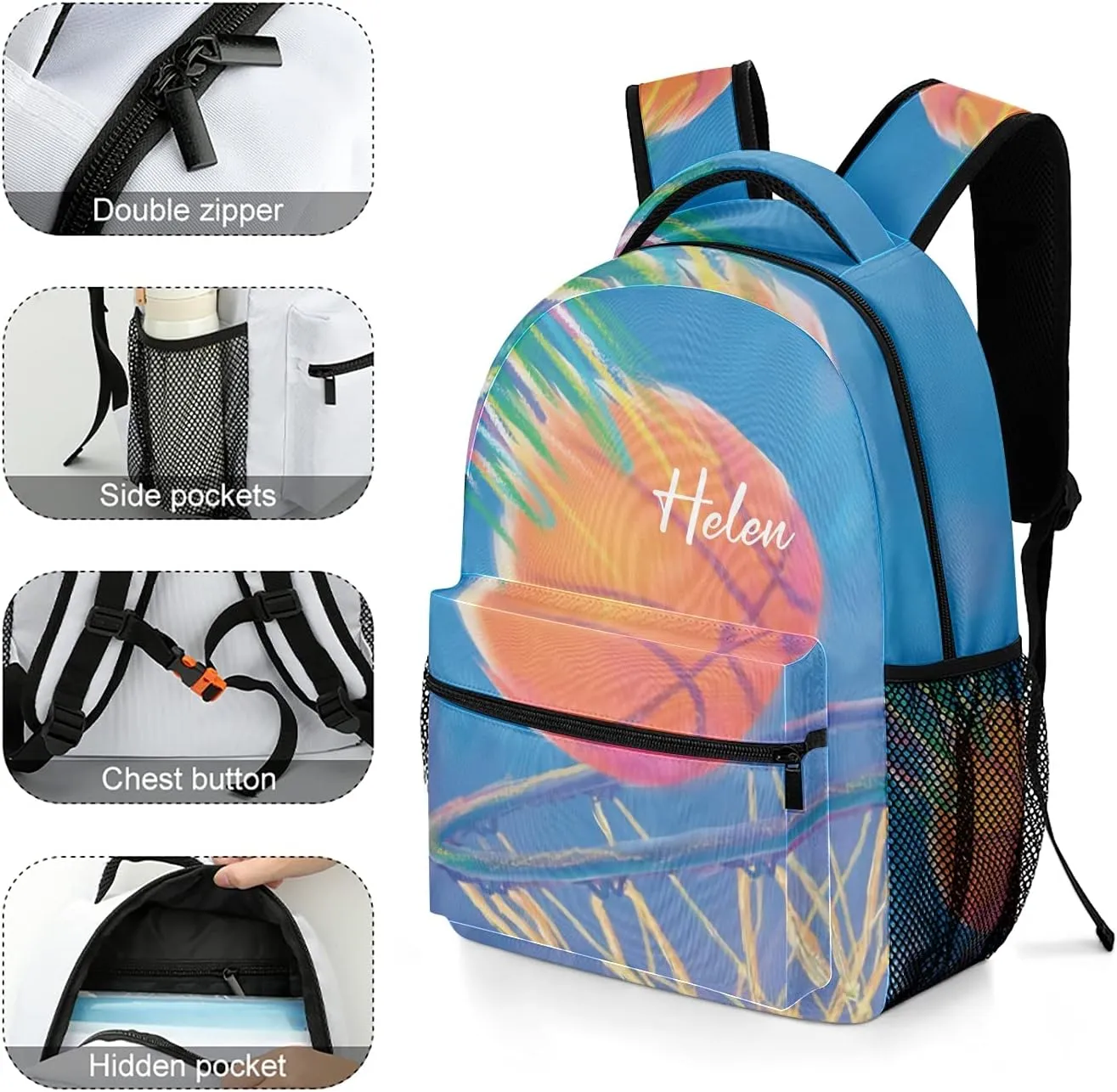 Basketball Sport Blue Personalized Student Backpack Waterproof Schoolbag Casual Travel Daypack with Name